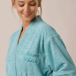 Peignoir mixte adulte uni coton éponge bouclette col kimono personnalisable