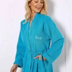Peignoir mixte adulte uni coton éponge bouclette col kimono personnalisable
