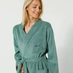 Peignoir mixte adulte uni coton éponge bouclette col kimono personnalisable