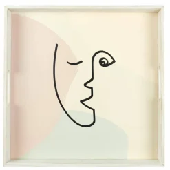 Plateau carré en bois, motif visage