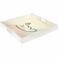 Plateau carré en bois, motif visage