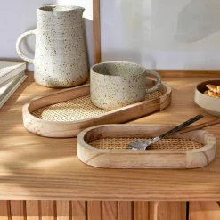 Plateau Oblong bois et rotin, lot de 2