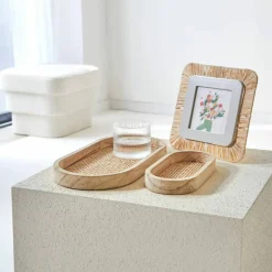 Plateau Oblong bois et rotin, lot de 2