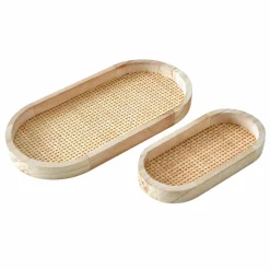 Plateau Oblong bois et rotin, lot de 2