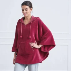 Poncho à capuche, maille polaire toucher peluche