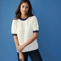 Pull bicolore manches coudes, maille fantaisie en coton