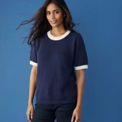 Pull bicolore manches coudes, maille fantaisie en coton