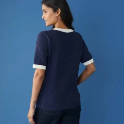 Pull bicolore manches coudes, maille fantaisie en coton