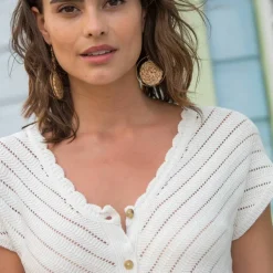 Pull boutonné manches courtes, maille fantaisie