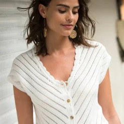 Pull boutonné manches courtes, maille fantaisie