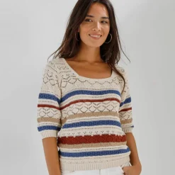 Pull col carré rayé, maille ajourée