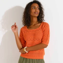 Pull col carré uni, maille ajourée