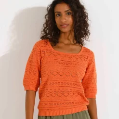 Pull col carré uni, maille ajourée