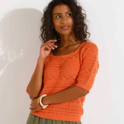 Pull col carré uni, maille ajourée