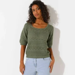 Pull col carré uni, maille ajourée
