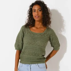 Pull col carré uni, maille ajourée