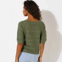 Pull col carré uni, maille ajourée