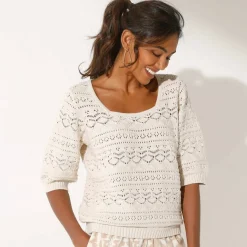 Pull col carré uni, maille ajourée