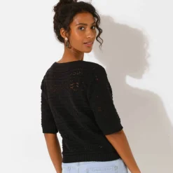 Pull col carré uni, maille ajourée