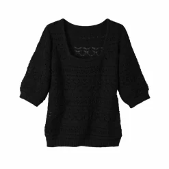Pull col carré uni, maille ajourée