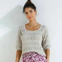 Pull col carré uni, maille ajourée