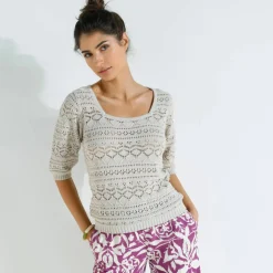 Pull col carré uni, maille ajourée