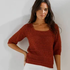 Pull col carré uni, maille ajourée