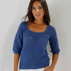 Pull col carré uni, maille ajourée