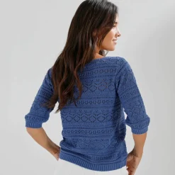 Pull col carré uni, maille ajourée