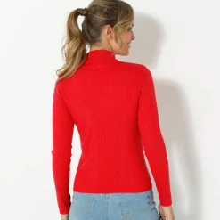 Pull col montant court, maille côtelée