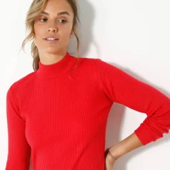 Pull col montant long, maille côtelée