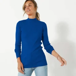 Pull col montant long, maille côtelée