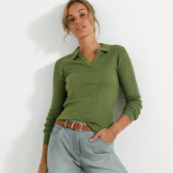 Pull col polo, maille côtelée