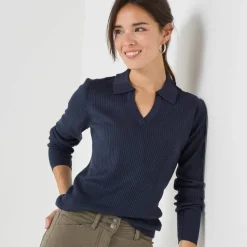 Pull col polo, maille côtelée
