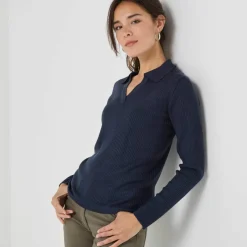 Pull col polo, maille côtelée
