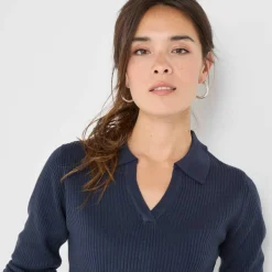 Pull col polo, maille côtelée