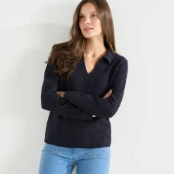 Pull col polo, maille fantaisie
