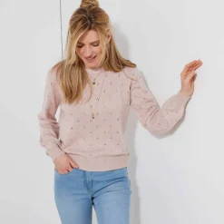 Pull col rond, maille pointelle toucher doux