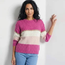 Pull col rond rayé, toucher doux