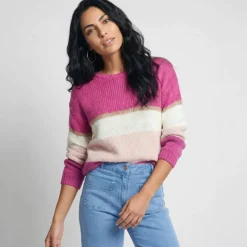 Pull col rond rayé, toucher doux