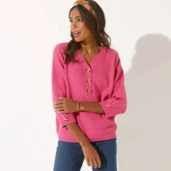 Pull col tunisien manches 3/4, maille fantaisie