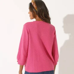 Pull col tunisien manches 3/4, maille fantaisie