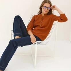 Pull col tunisien manches 3/4, maille fantaisie