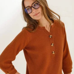 Pull col tunisien manches 3/4, maille fantaisie