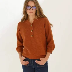 Pull col tunisien manches 3/4, maille fantaisie