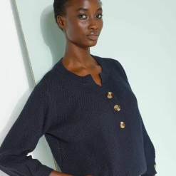 Pull col tunisien manches 3/4, maille fantaisie