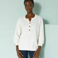 Pull col tunisien manches 3/4, maille fantaisie