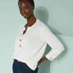 Pull col tunisien manches 3/4, maille fantaisie