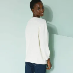 Pull col tunisien manches 3/4, maille fantaisie