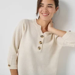 Pull col tunisien manches 3/4, maille fantaisie